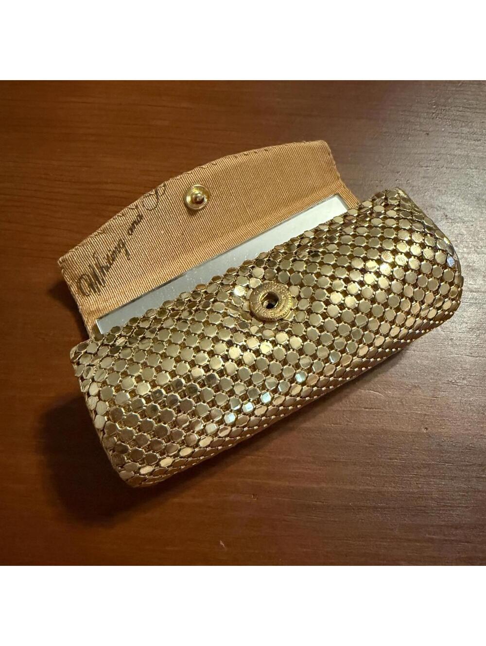 Whiting and Davis Vintage Gold Tone Mesh Lipstick Case Holder With Mirror